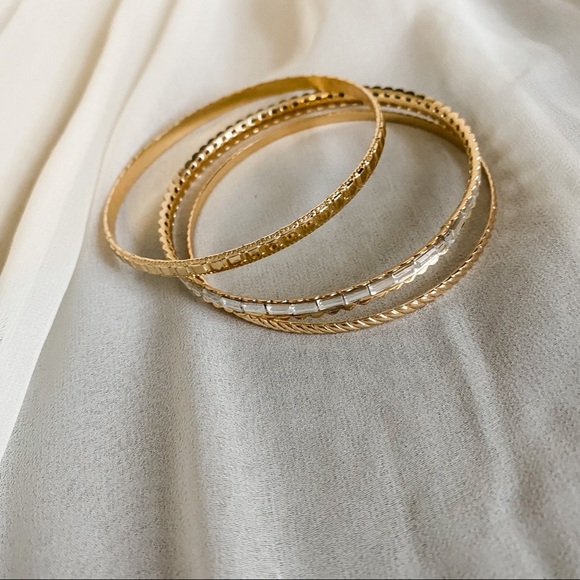 Gold Baguette CZ Textured Bangle Bracelet Set - Picture 1 of 4